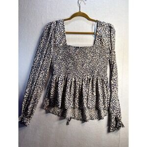 The Boutique Women's L Blue/Beige‎ Animal Print Square Neck Smocked Peplum Top